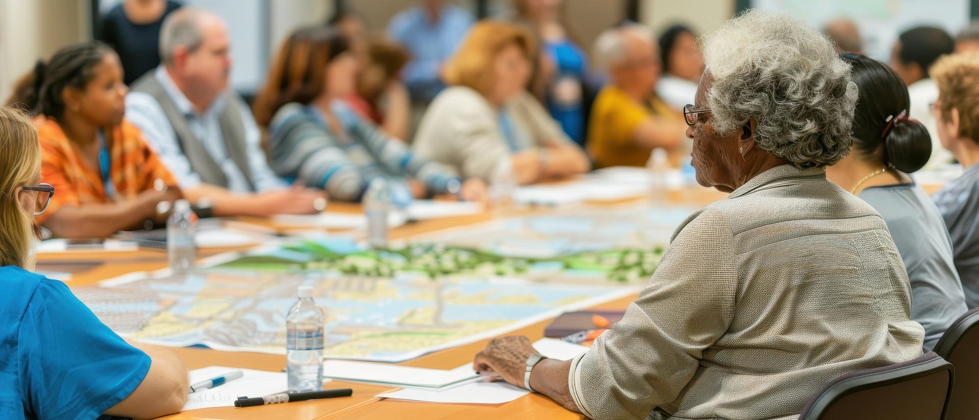 People sitting around a table with a map at an emergency management meeting.